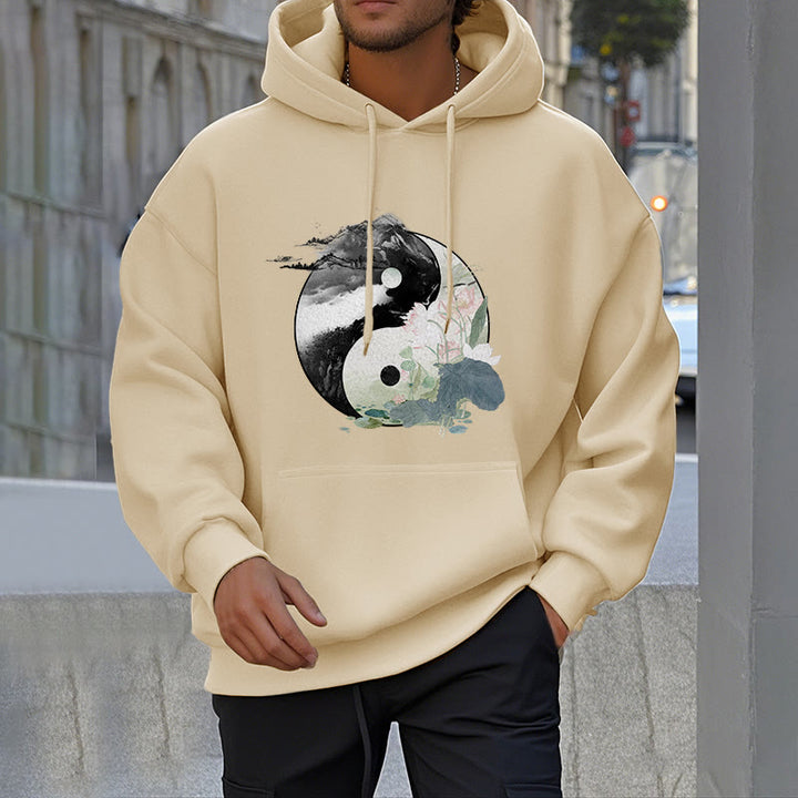 Buddha Stones Yin Yang Lotus Leaf Ink Painting Fleece Lined Hoodie