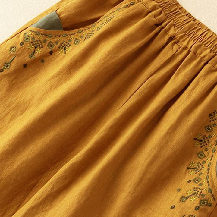 Buddha Stones Vintage Embroidery Elastic Waist Capri Harem Pants With Pockets - image 3