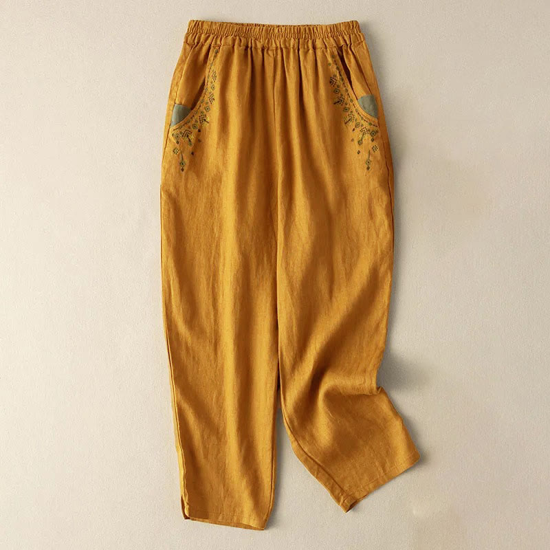 Buddha Stones Vintage Embroidery Elastic Waist Capri Harem Pants With Pockets - Yellow - US14，UK/AU18，EU46 (4XL) - image 1