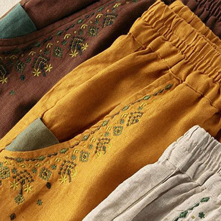 Buddha Stones Vintage Embroidery Elastic Waist Harem Pants With Pockets