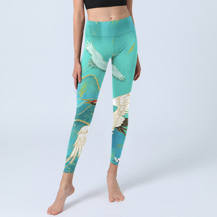 Buddha Stones Mint Green Mountain Crane Print Fitness Leggings Women's Yoga Pants - image 6
