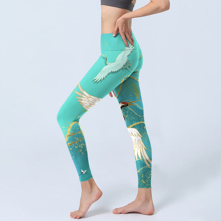 Buddha Stones Mint Green Mountain Crane Print Fitness Leggings Women's Yoga Pants - image 3