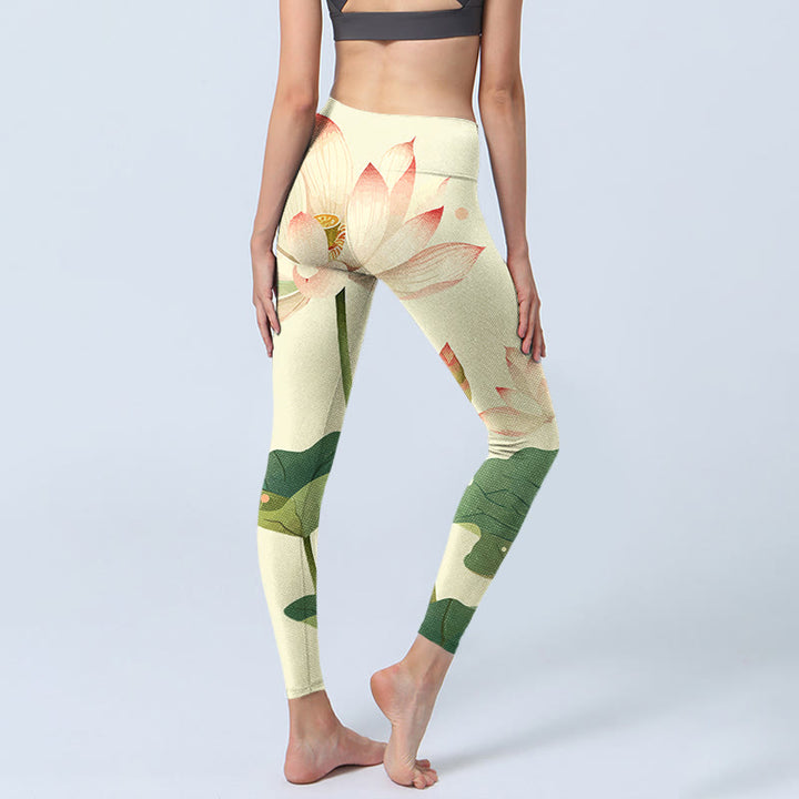 Buddha Stones Lotus Flower Leaf Dragonfly Print Fitness Leggings Women's Yoga Pants