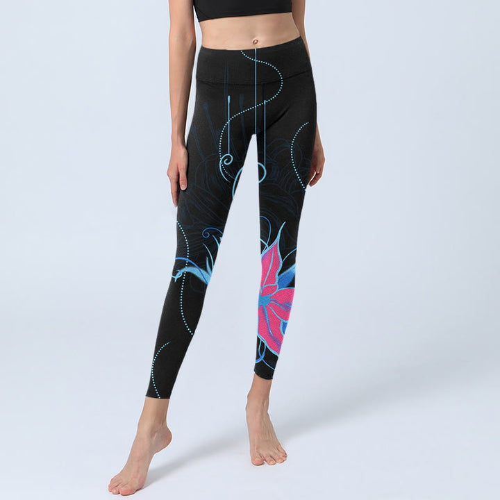 Buddha Stones Black Pink Blue Flowers Print Fitness Leggings Women's Yoga Pants