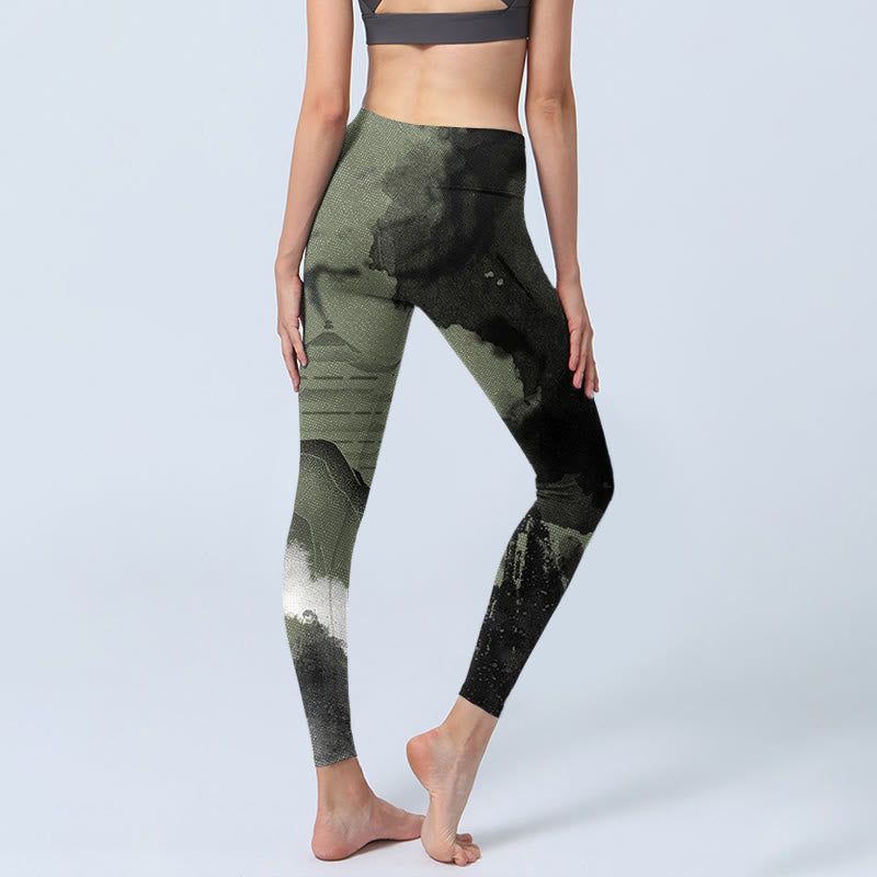 Buddha Stones Ink Painting Mountain Pavilion Print Fitness Leggings Women's Yoga Pants