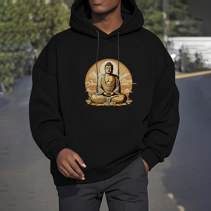 Buddha Stones Sun Auspicious Clouds Buddha Fleece Lined Polyester Hoodie