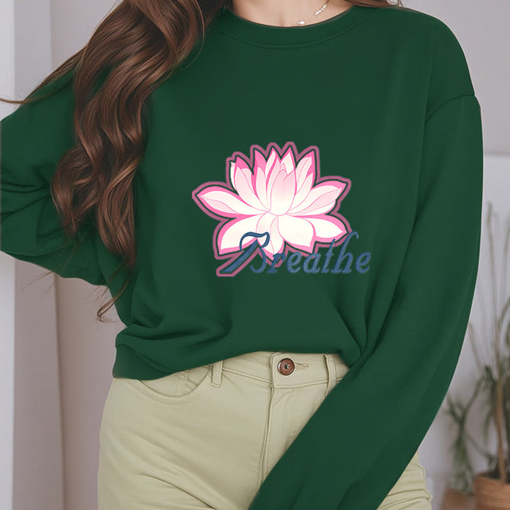 Buddha Stones BREATHE Lotus Round Neck Fleece Lined Sweatshirt