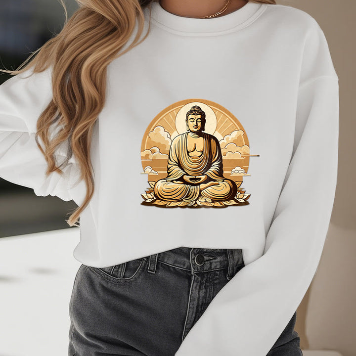 Buddha Stones Sun Auspicious Clouds Buddha Round Neck Fleece Lined Sweatshirt