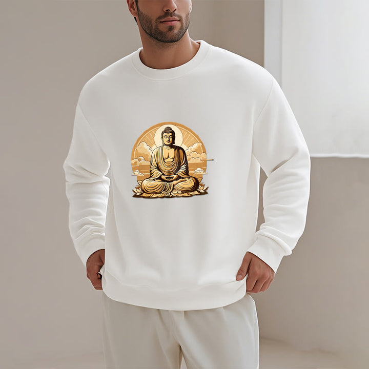 Buddha Stones Sun Auspicious Clouds Buddha Round Neck Fleece Lined Sweatshirt