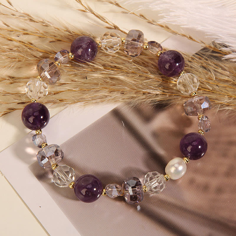 Buddha Stones Amethyst White Crystal Pearl Communication Bracelet