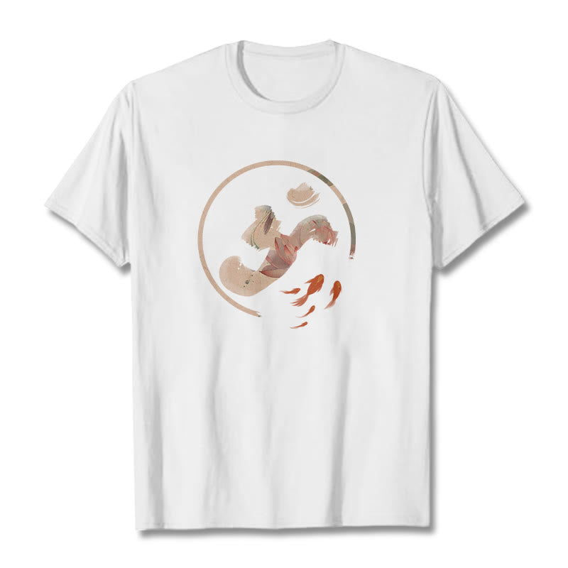 Buddha Stones OM Lotus Koi Fish Cotton Tee T-shirt - White - 2XL - image 1