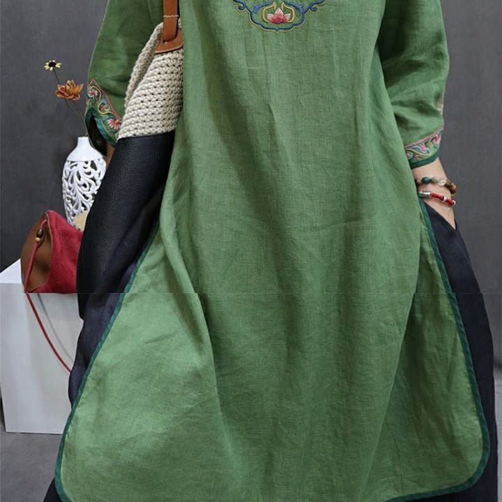 Buddha Stones Flower Embroidery Stand Collar Knot Button Cotton Midi Dress