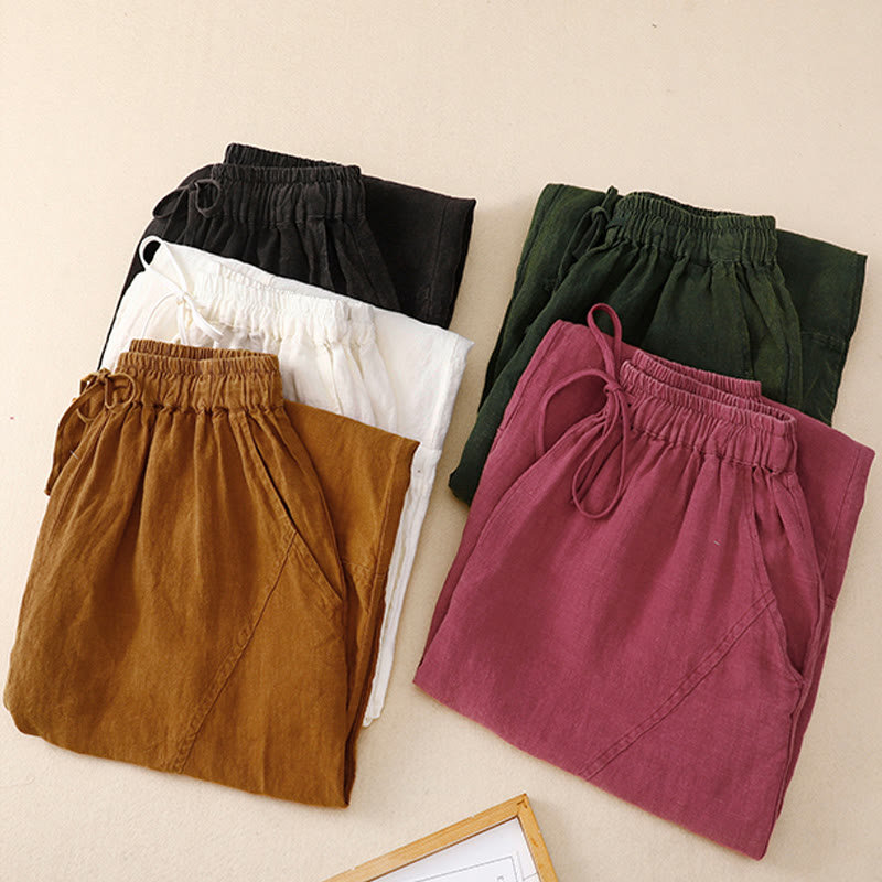 Buddha Stones Summer Women's Linen Drawstring Elastic Waist Harem Pants With Pockets - image 1