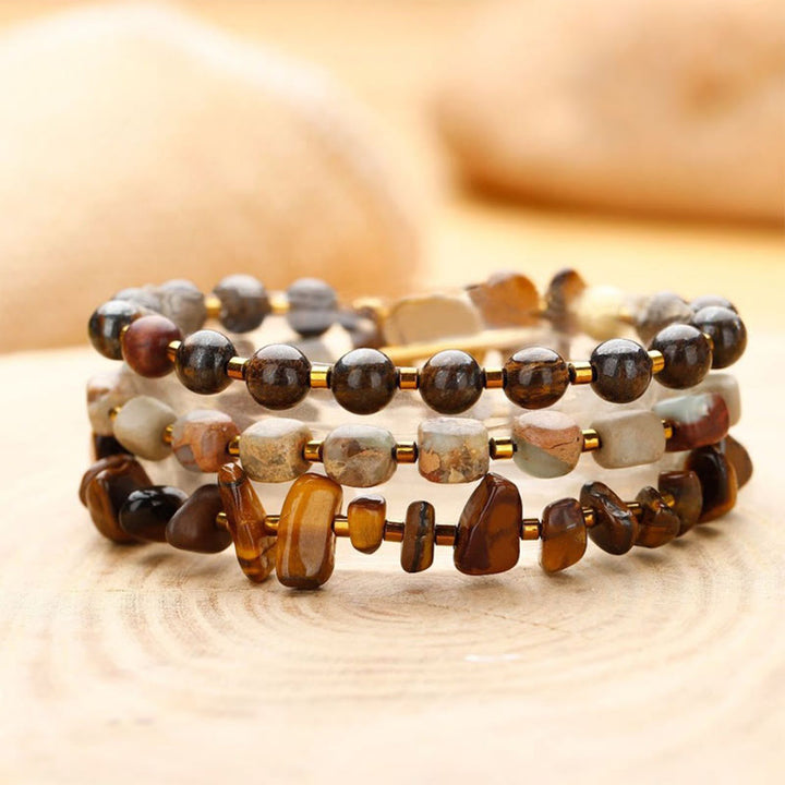 Buddha Stones Bronzite Emperor Stone Tiger Eye Determination Triple Wrap Bracelet