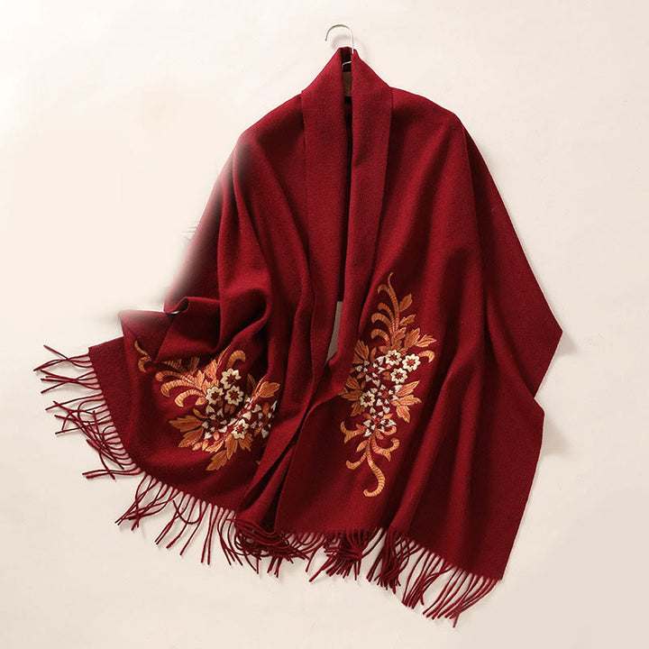Buddha Stones Wool Shawl Begonia Embroidery Tassel Winter Cozy Travel Scarf Wrap - DarkRed - 200*60cm - image 11