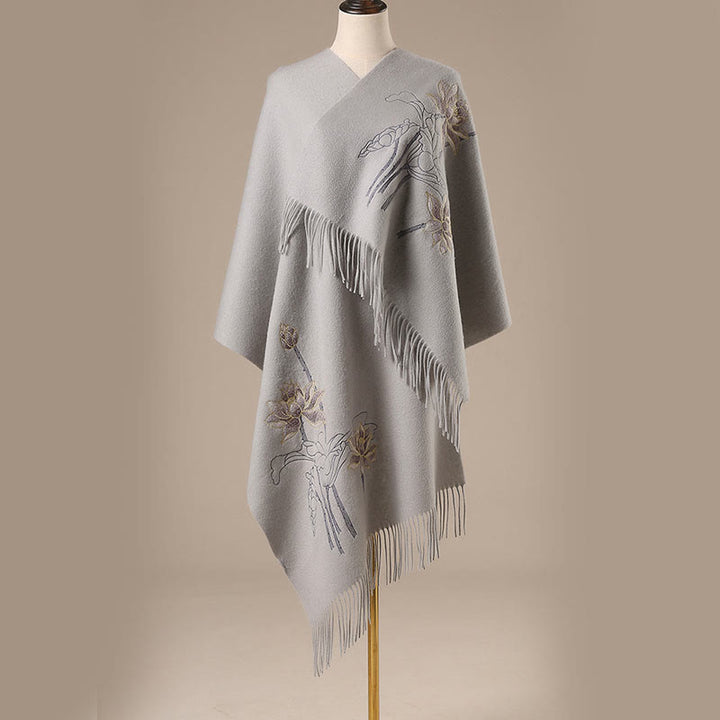 Buddha Stones Wool Shawl Lotus Embroidery Tassel Winter Cozy Travel Scarf Wrap - LightGrey - 200*60cm - image 0