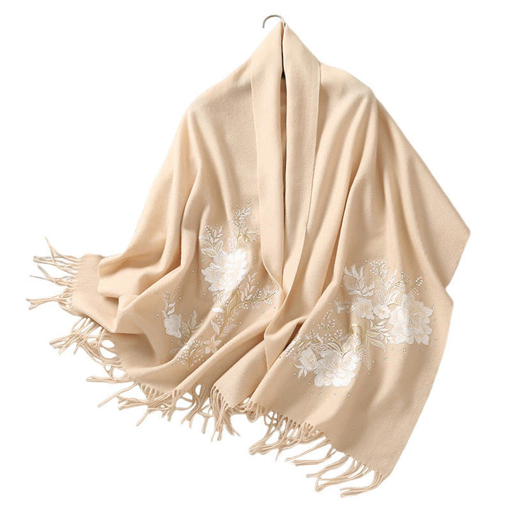 Buddha Stones Wool Shawl White Flower Embroidery Tassel Winter Cozy Travel Scarf Wrap