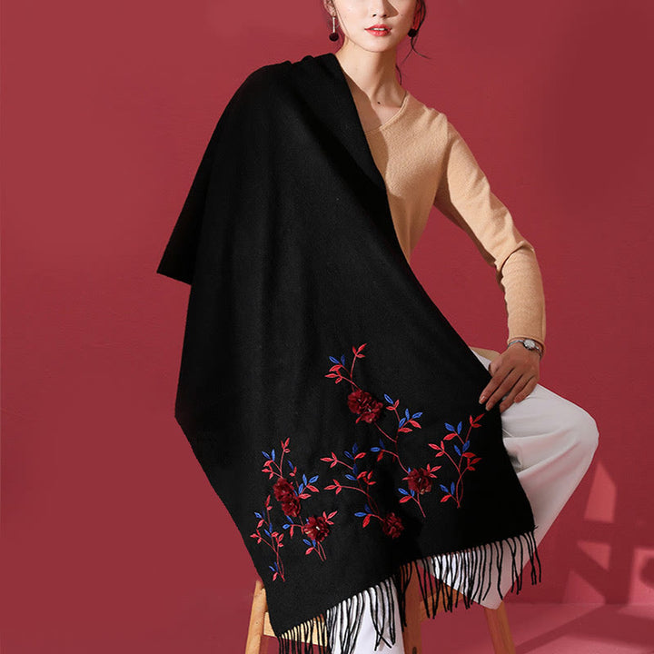 Buddha Stones Wool Shawl 3D Floral Embroidery Tassel Winter Cozy Travel Scarf Wrap - image 3