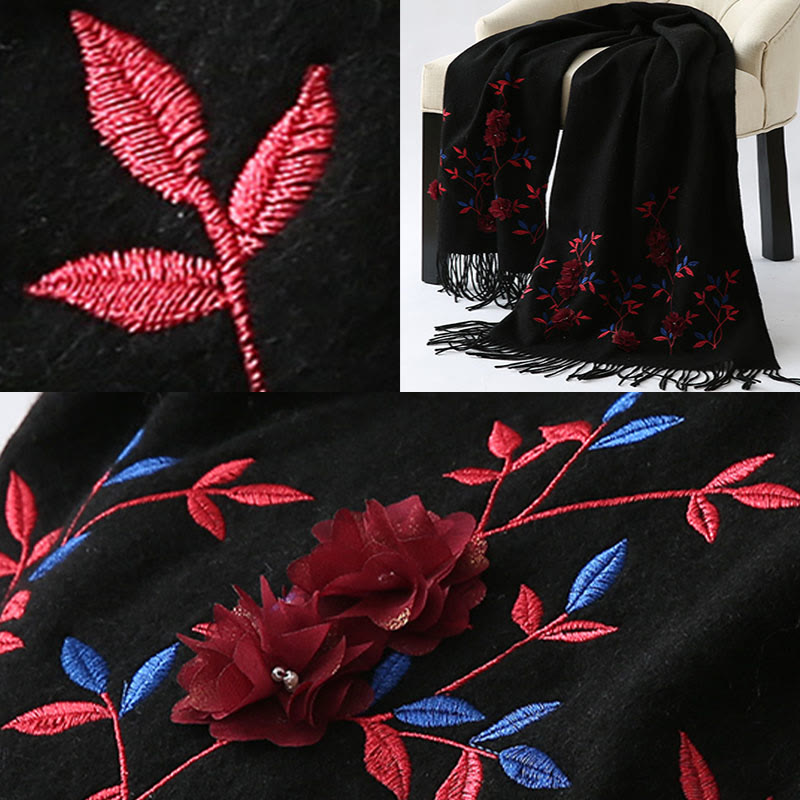 Buddha Stones Wool Shawl 3D Floral Embroidery Tassel Winter Cozy Travel Scarf Wrap