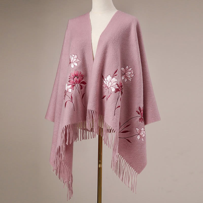 Buddha Stones Wool Shawl Pink Lotus Embroidery Tassel Winter Cozy Travel Scarf Wrap