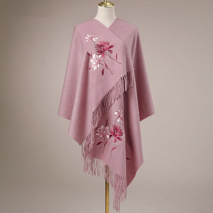 Buddha Stones Wool Shawl Pink Lotus Embroidery Tassel Winter Cozy Travel Scarf Wrap