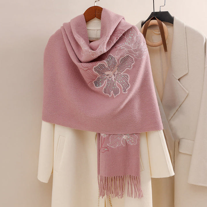 Buddha Stones Wool Shawl Big Flower Sequins Embroidery Tassel Winter Cozy Travel Scarf Wrap - LightPink - 200*60cm - image 6