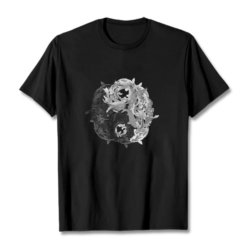 Buddha Stones Yin Yang Koi Fish Combination Cotton Tee T-shirt - Black - 2XL - image 5