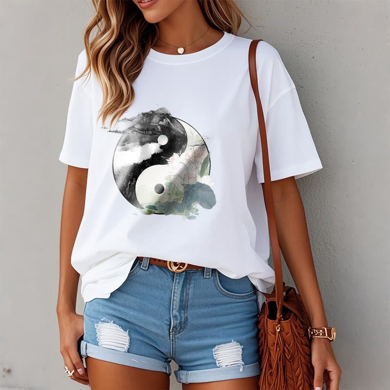 Buddha Stones Yin Yang Lotus Leaf Ink Painting Cotton Tee T-shirt