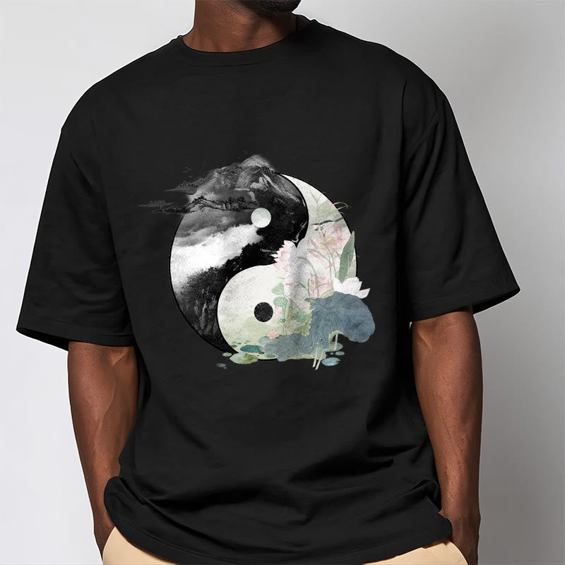 Buddha Stones Yin Yang Lotus Leaf Ink Painting Cotton Tee T-shirt