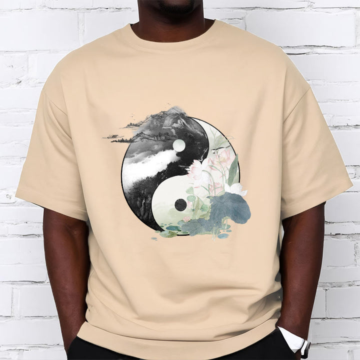 Buddha Stones Yin Yang Lotus Leaf Ink Painting Cotton Tee T-shirt