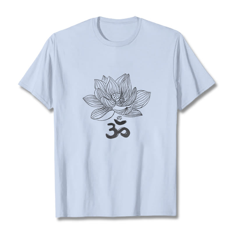 Buddha Stones Om Lotus Sketch Cotton Tee T-shirt - LightCyan - 2XL - image 14