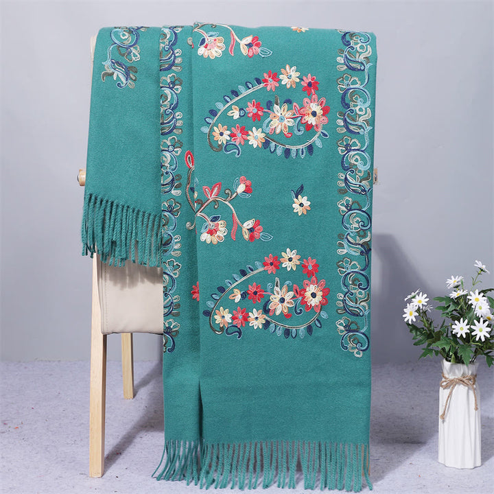 Buddha Stones Polyester Shawl Colorful Flower Ethnic Style Embroidery Tassel Winter Cozy Travel Scarf Wrap