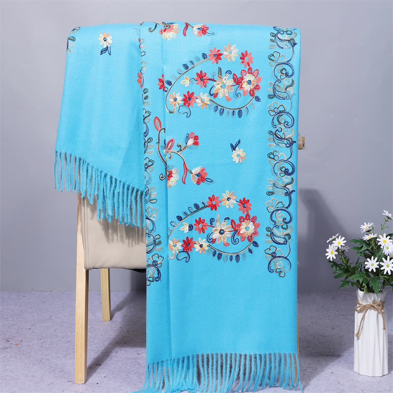 Buddha Stones Polyester Shawl Colorful Flower Ethnic Style Embroidery Tassel Winter Cozy Travel Scarf Wrap