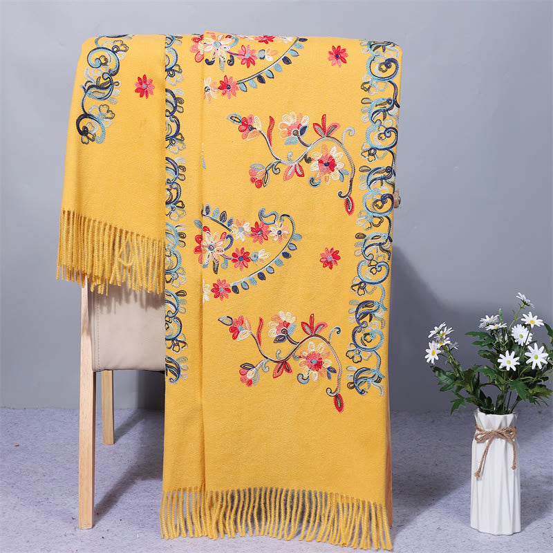 Buddha Stones Polyester Shawl Colorful Flower Ethnic Style Embroidery Tassel Winter Cozy Travel Scarf Wrap