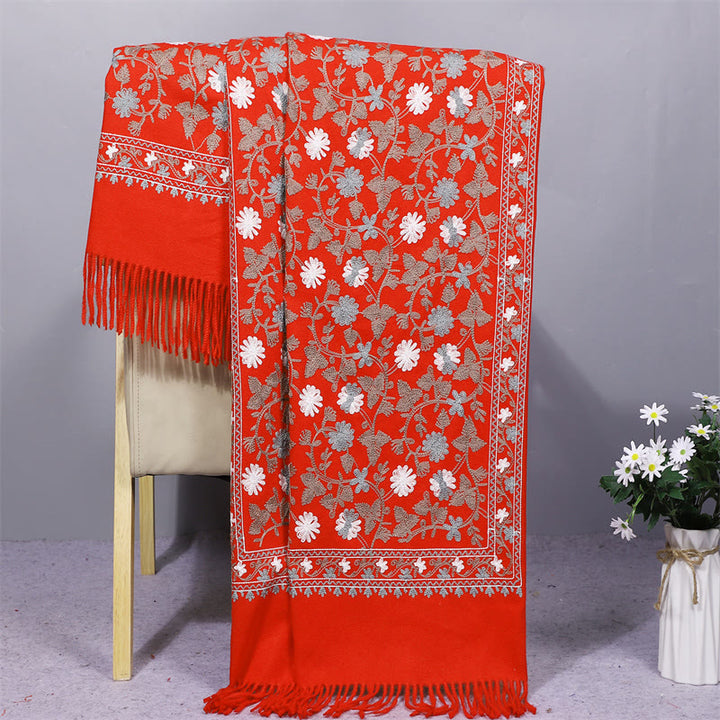 Buddha Stones Polyester Shawl Cashew Flowers Embroidery Tassel Winter Cozy Travel Scarf Wrap - OrangeRed - 200*70cm - image 10