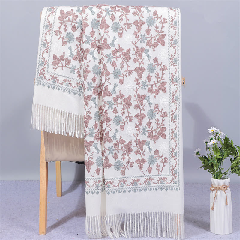 Buddha Stones Polyester Shawl Cashew Flowers Embroidery Tassel Winter Cozy Travel Scarf Wrap - White - 200*70cm - image 2