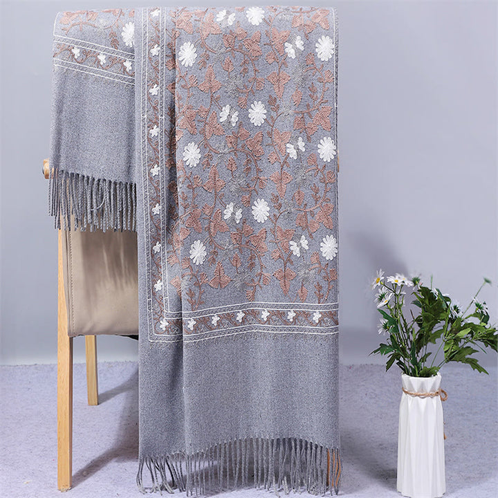 Buddha Stones Polyester Shawl Cashew Flowers Embroidery Tassel Winter Cozy Travel Scarf Wrap - DarkGray - 200*70cm - image 4