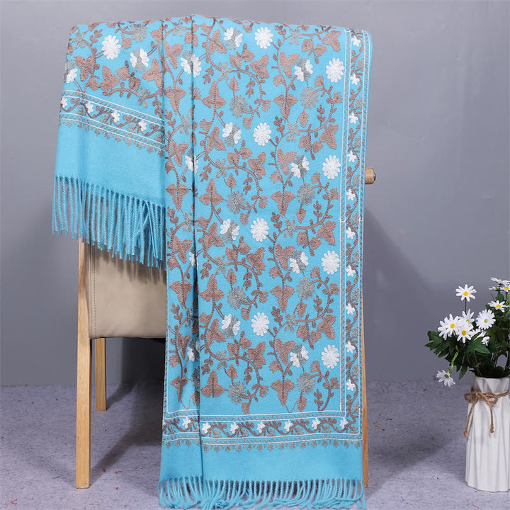 Buddha Stones Polyester Shawl Cashew Flowers Embroidery Tassel Winter Cozy Travel Scarf Wrap