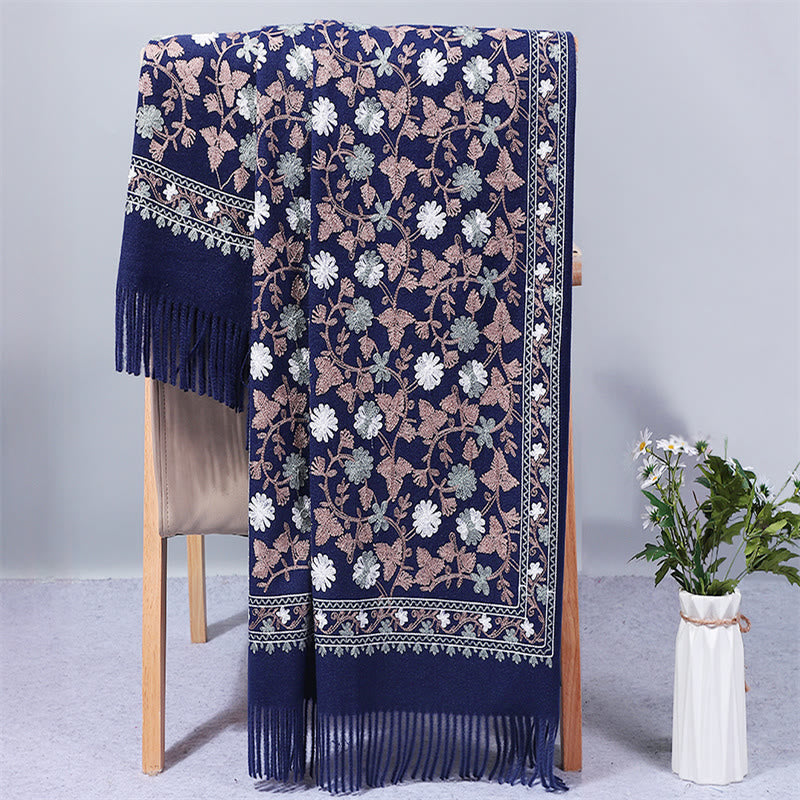 Buddha Stones Polyester Shawl Cashew Flowers Embroidery Tassel Winter Cozy Travel Scarf Wrap - MidnightBlue - 200*70cm - image 0
