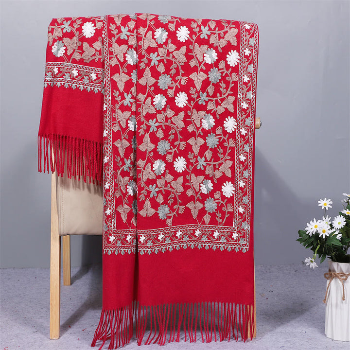 Buddha Stones Polyester Shawl Cashew Flowers Embroidery Tassel Winter Cozy Travel Scarf Wrap