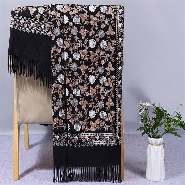 Buddha Stones Polyester Shawl Cashew Flowers Embroidery Tassel Winter Cozy Travel Scarf Wrap