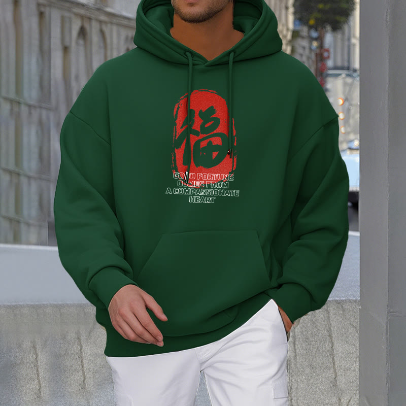 Buddha Stones Fu Good Fortune Comes From A Compassionate Heart Fleece Lined Polyester Hoodie