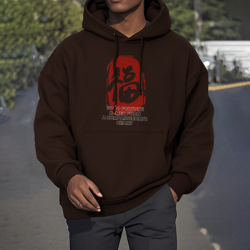 Buddha Stones Fu Good Fortune Comes From A Compassionate Heart Fleece Lined Polyester Hoodie