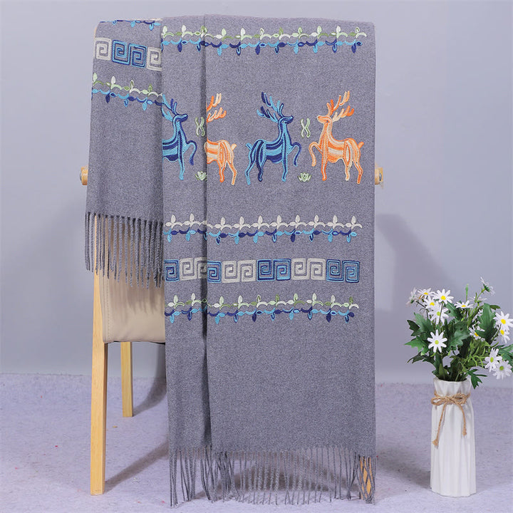 Buddha Stones Rayon Fabric Shawl Sika Deer Embroidery Tassel Winter Cozy Travel Scarf Wrap