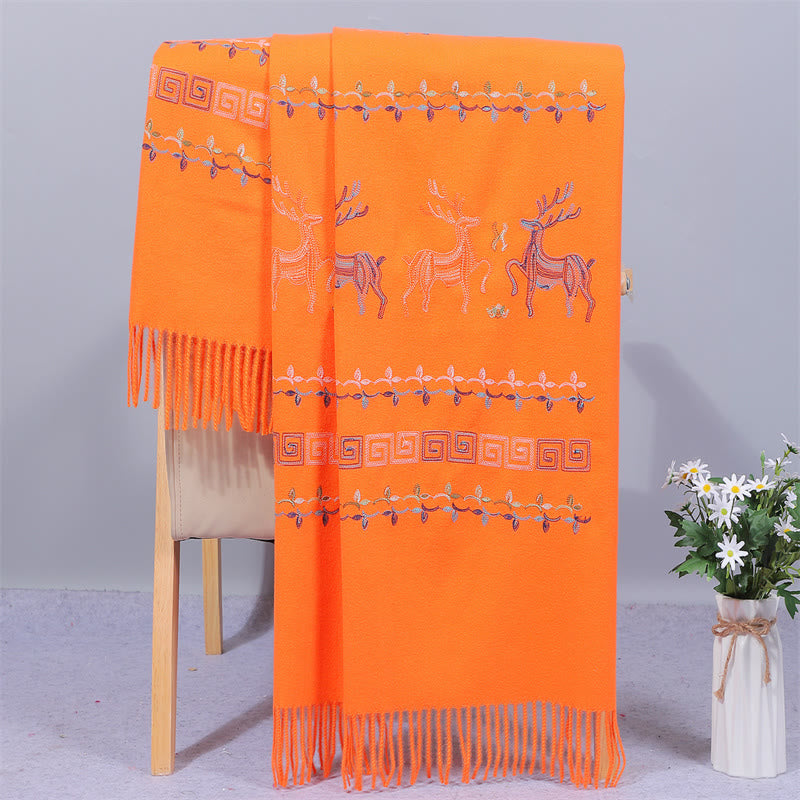 Buddha Stones Rayon Fabric Shawl Sika Deer Embroidery Tassel Winter Cozy Travel Scarf Wrap