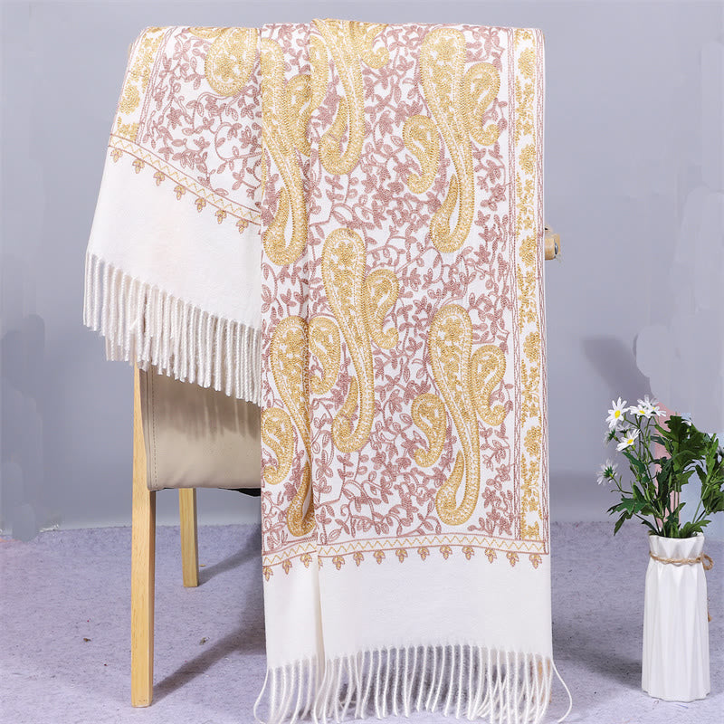 Buddha Stones Rayon Fabric Shawl Golden Cashew Flowers Embroidery Tassel Winter Cozy Travel Scarf Wrap