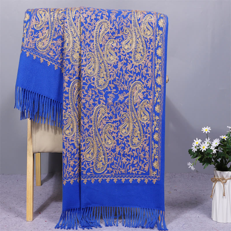 Buddha Stones Rayon Fabric Shawl Golden Cashew Flowers Embroidery Tassel Winter Cozy Travel Scarf Wrap