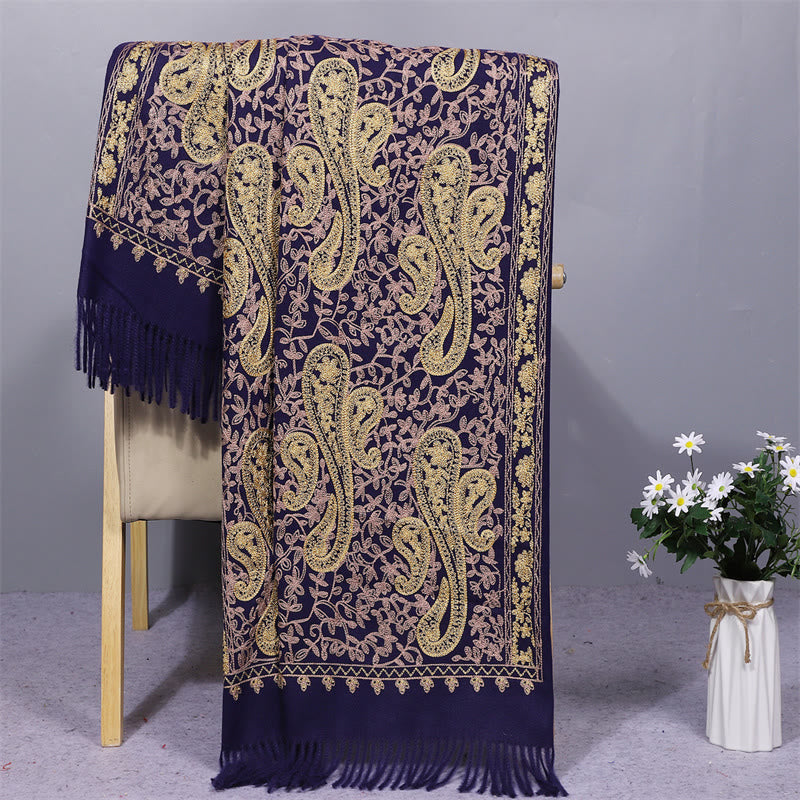 Buddha Stones Rayon Fabric Shawl Golden Cashew Flowers Embroidery Tassel Winter Cozy Travel Scarf Wrap