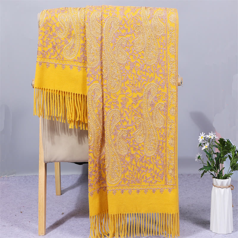 Buddha Stones Rayon Fabric Shawl Golden Cashew Flowers Embroidery Tassel Winter Cozy Travel Scarf Wrap