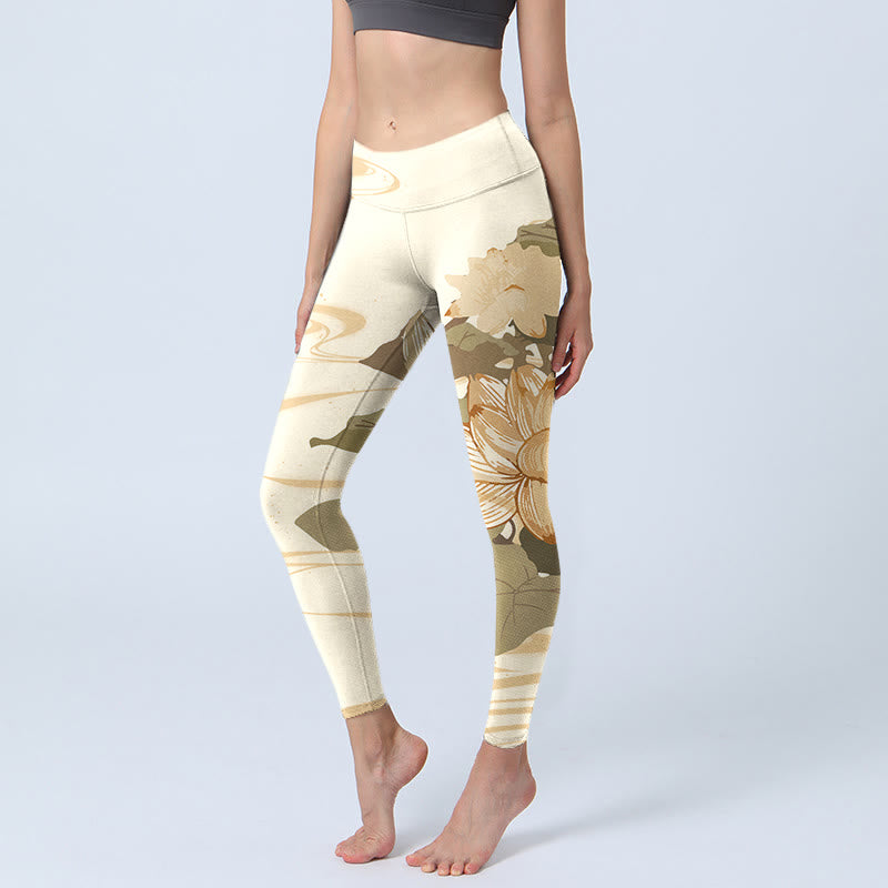 Buddha Stones Beige Lotus Flower Print Gym Fitness Leggings Women's Yoga Pants - Beige - US18，UK/AU22，EU50 (4XL) - image 0